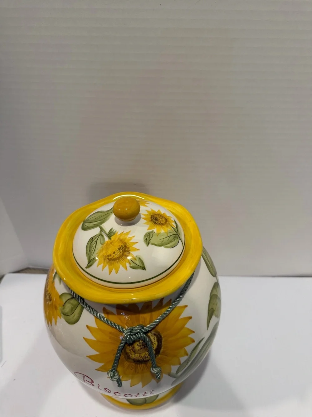 NONNI'S Ceramic Sunflower Yellow Brown Green BISCOTTI Vintage Biscuit Jar W/ Lid